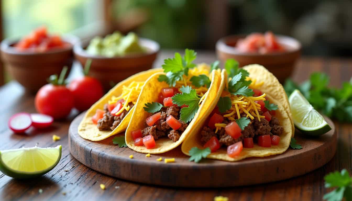 Tacos maison présentés sur une assiette en bois, accompagnés de légumes frais et de sauces dans de petits ramequins