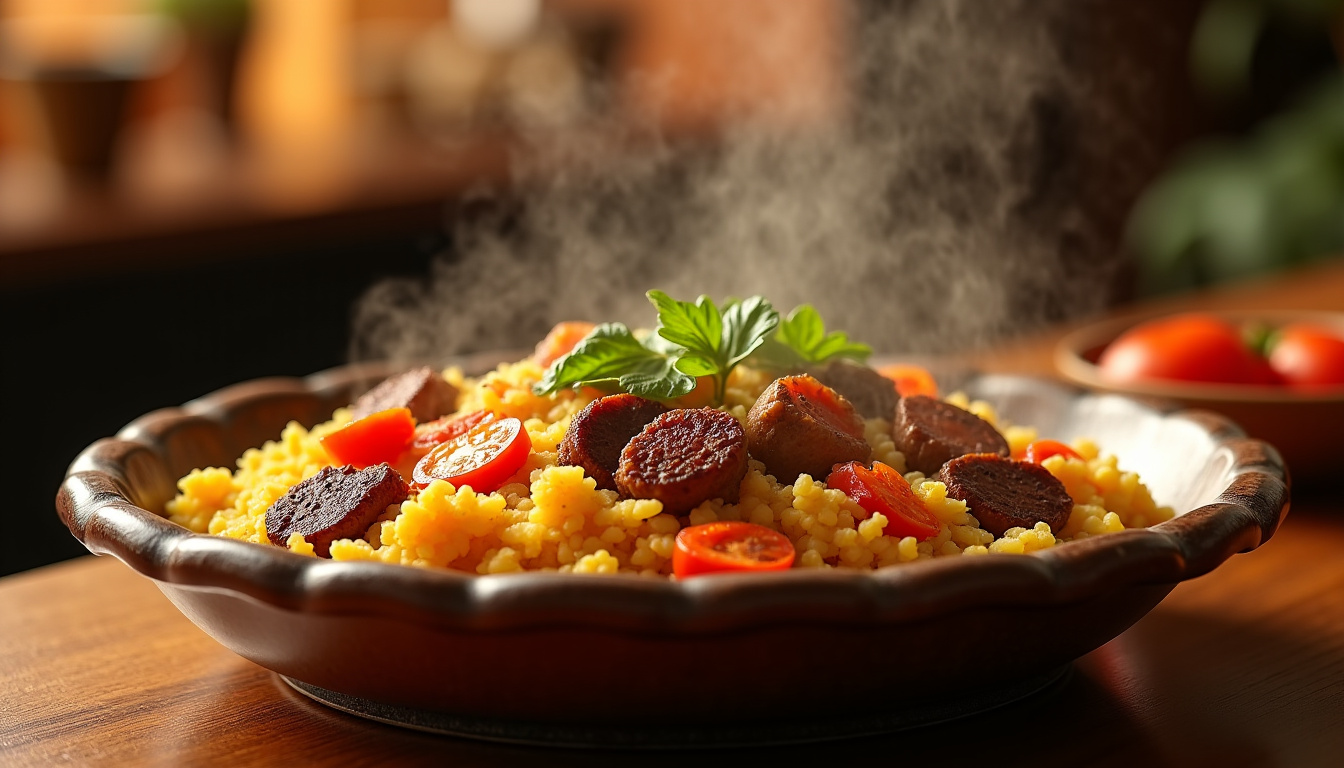 Assiette de couscous aux sept légumes et viande grillée dans un restaurant halal d