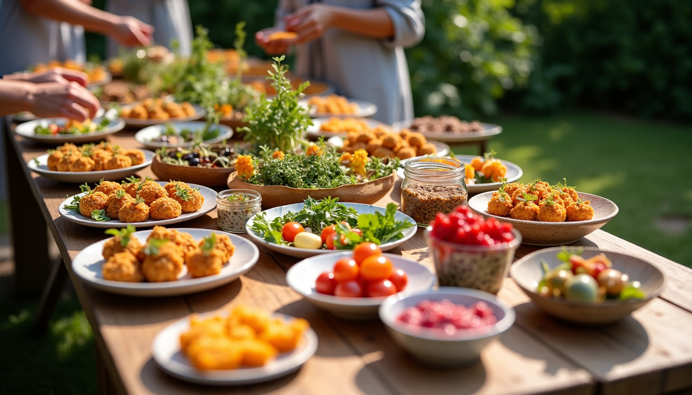 Buffet végétalien servi par un traiteur toulousain avec une grande variété de plats colorés et présentés avec soin