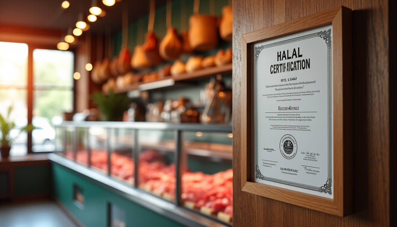 Certificat de certification halal affiché dans une boucherie, avec mention de l’organisme et de la date de validité