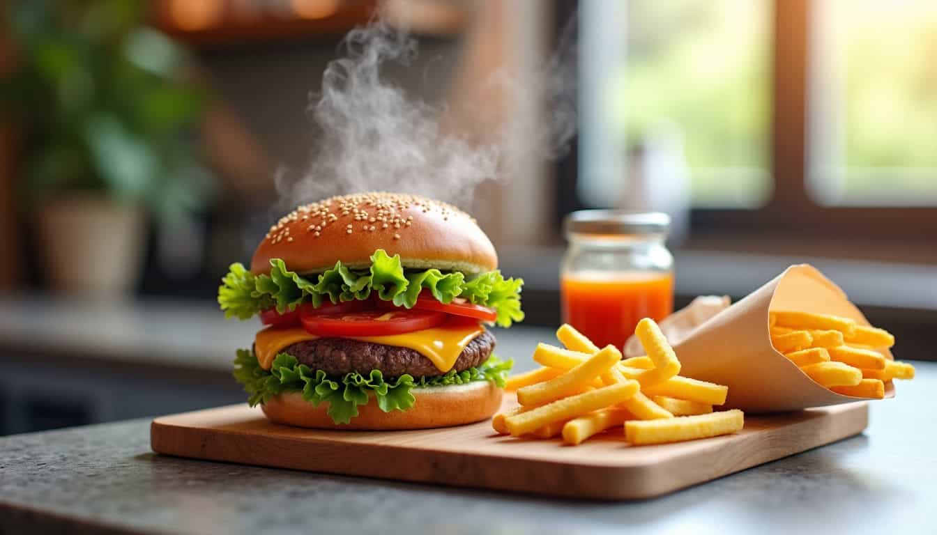 Burger chaud avec frites et boisson à emporter.