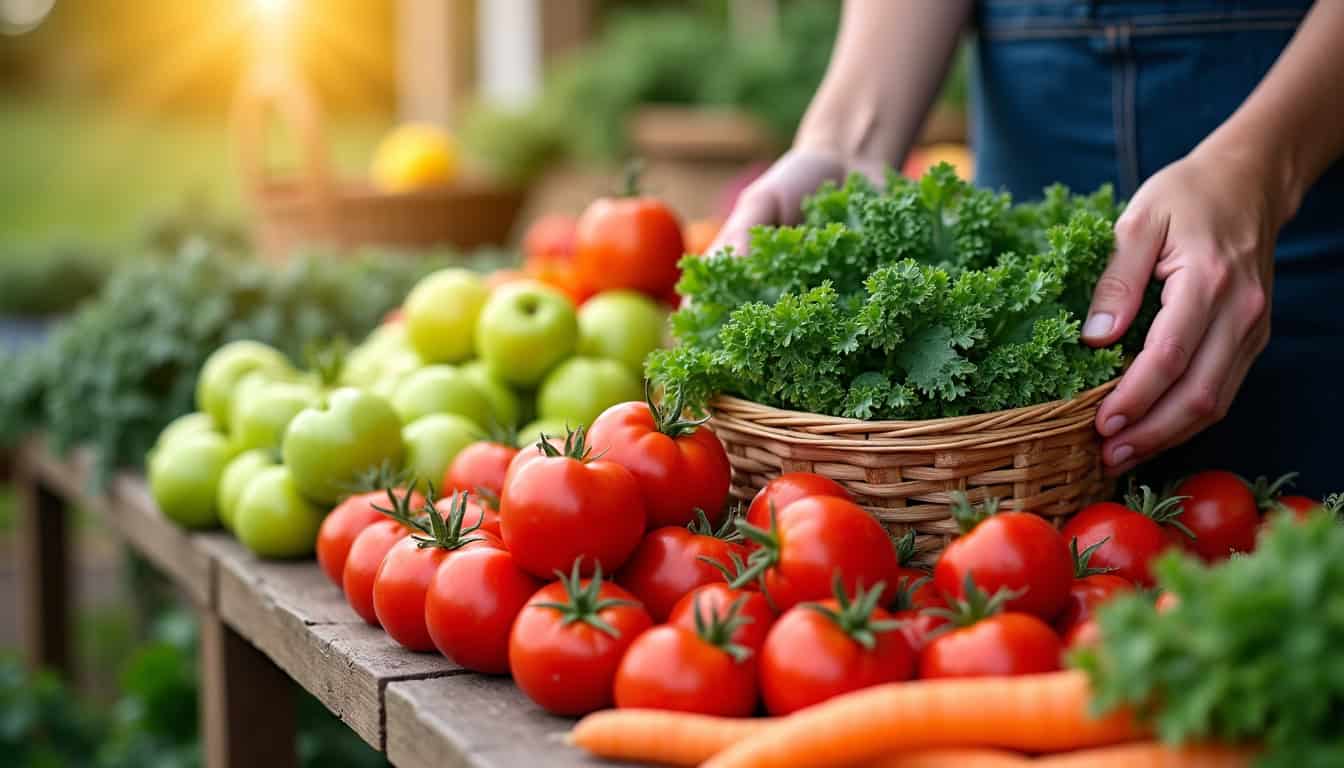 Tomates et légumes frais bio sur un stand de marché en plein air.