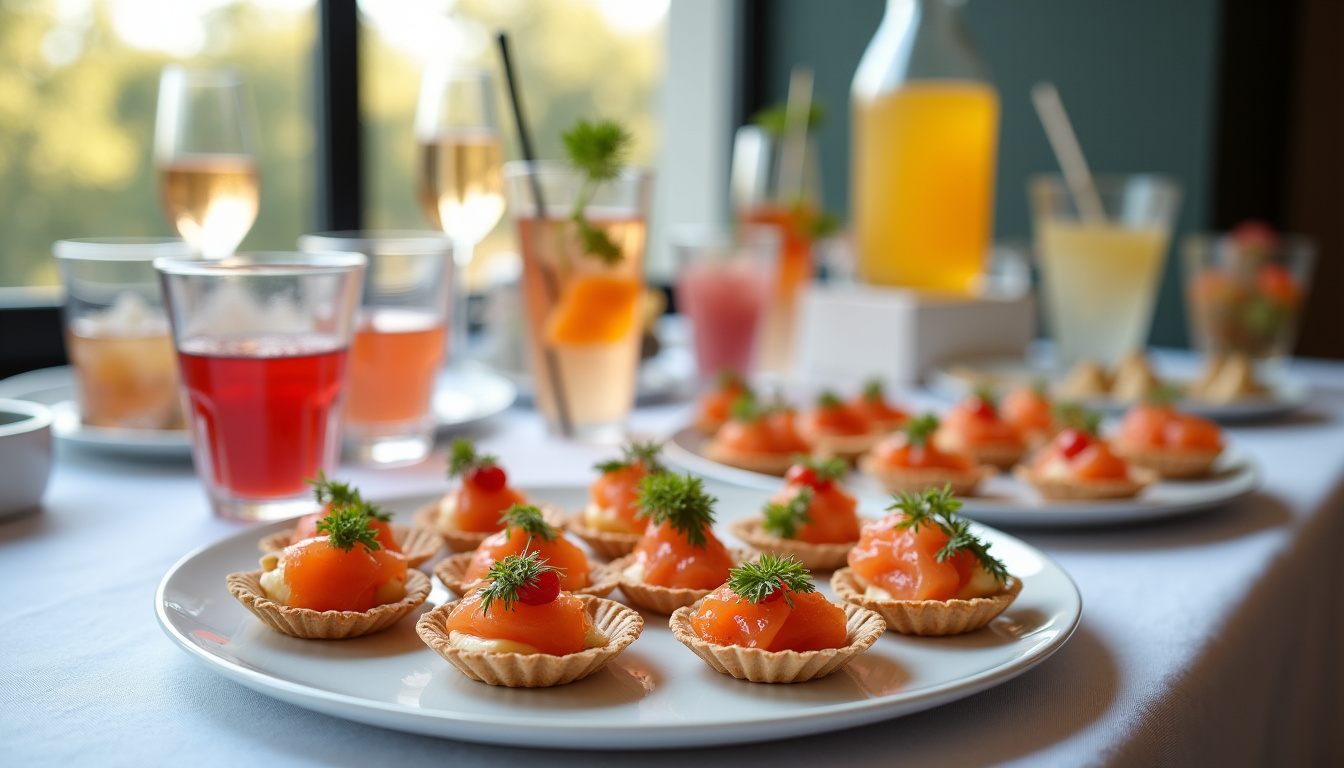 Cocktail debout organisé par un traiteur toulousain avec présentation de canapés et boissons