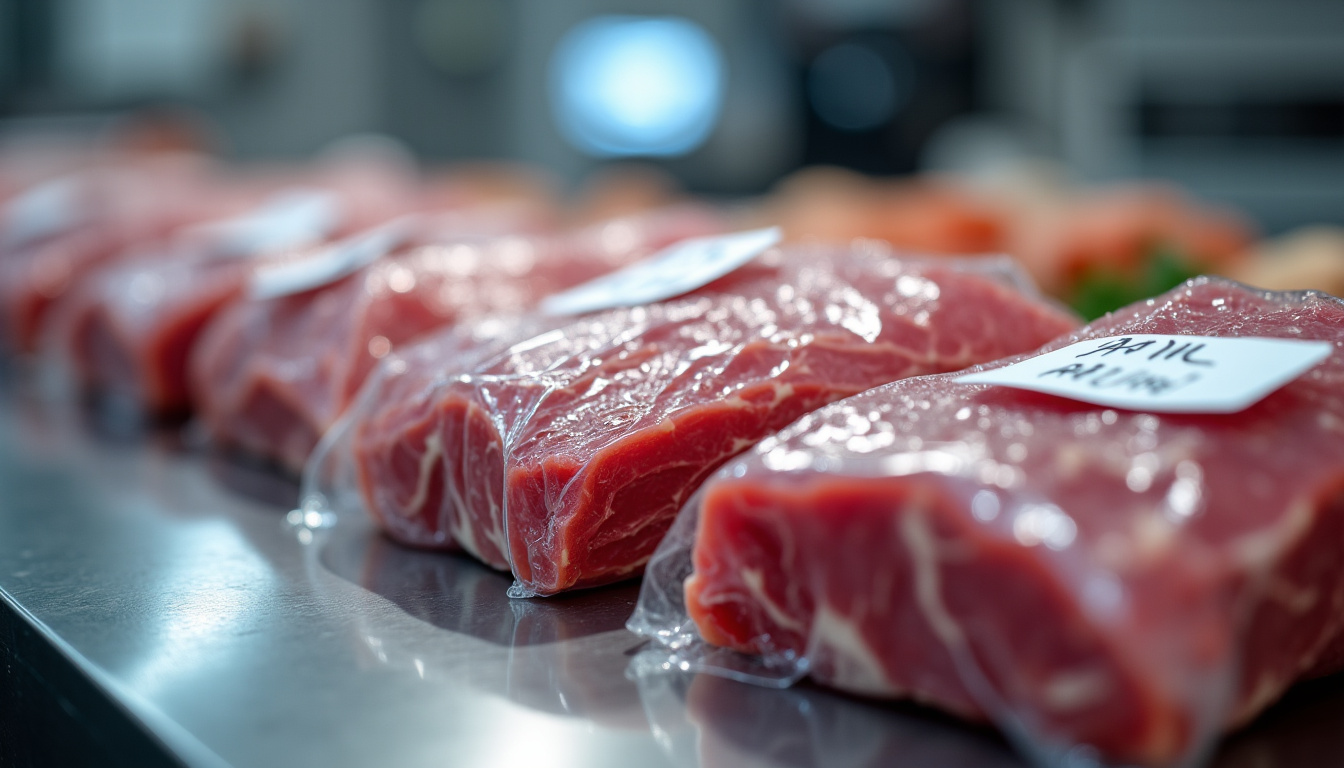 Emballage soigné des viandes halal dans une boucherie, avec étiquetage précis et conservation sous film ou sous vide