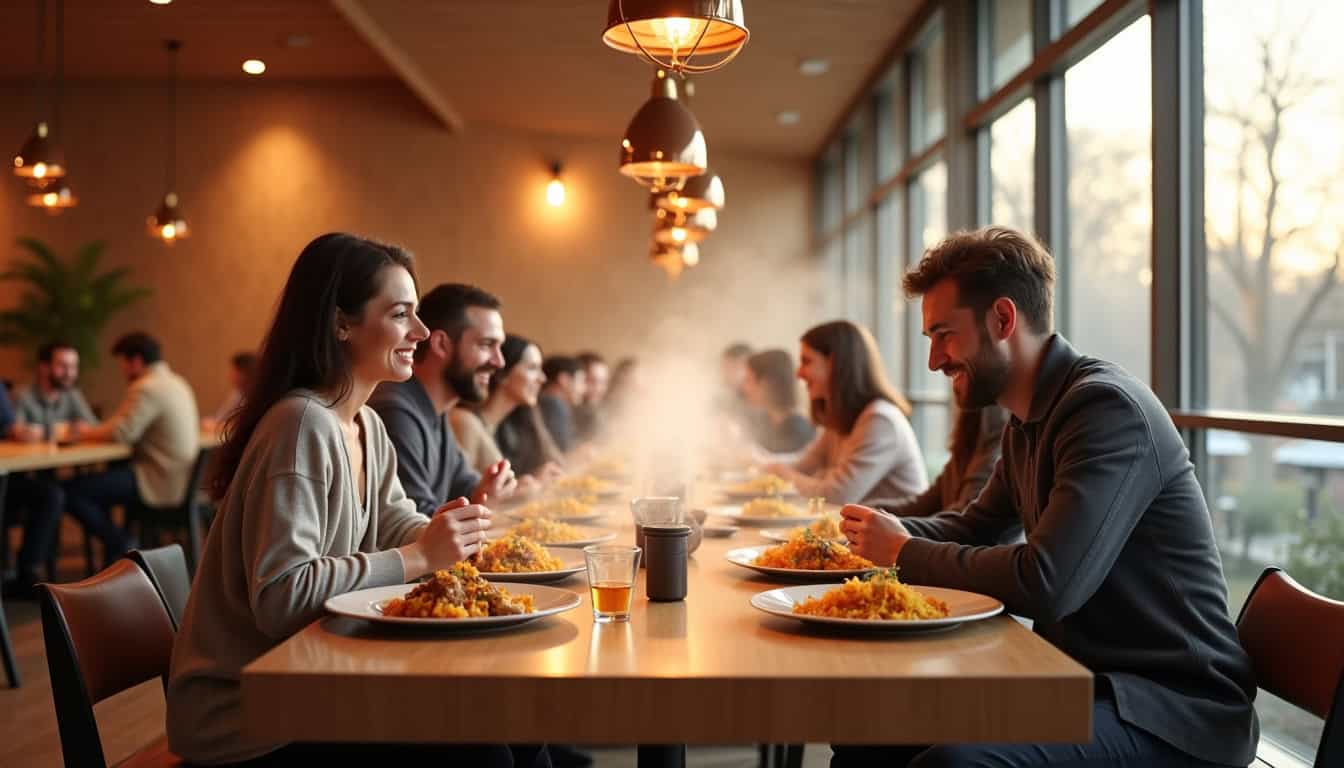 Pique-nique convivial entre amis dans un restaurant moderne, ambiance chaleureuse et repas savoureux.