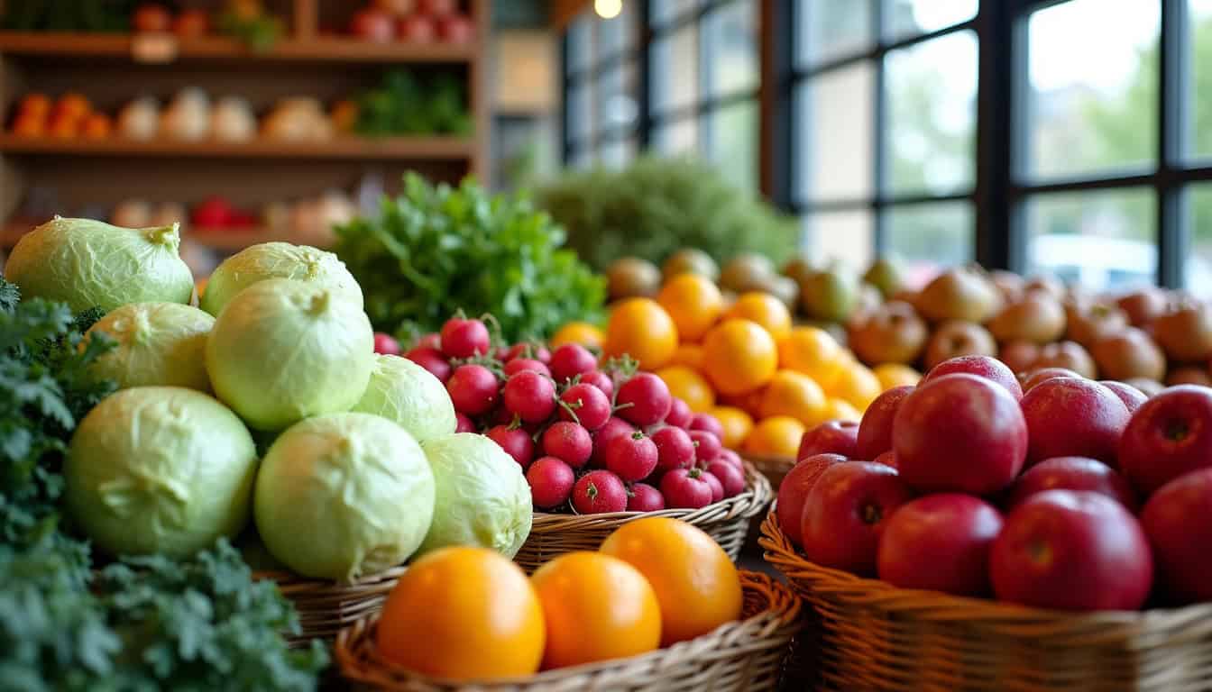 Paniers de fruits frais et colorés dans un magasin, prêt à être achetés.