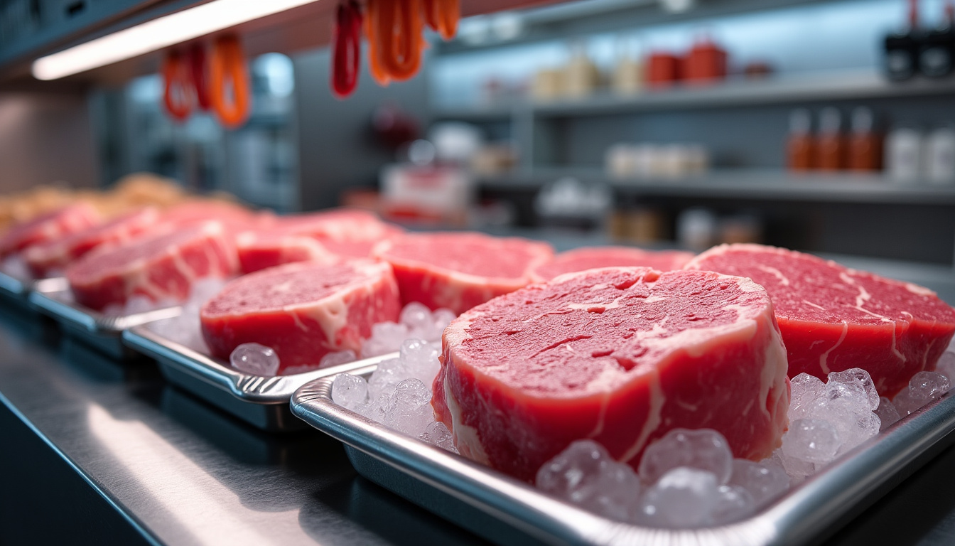 Exposition des viandes fraîches dans une boucherie halal, présentées sur un comptoir réfrigéré propre et bien éclairé