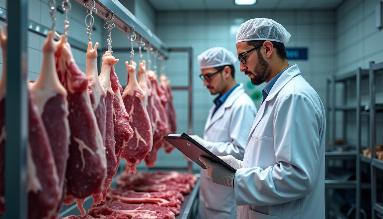 Inspecteurs examinant des carcasses de sanglier dans une boucherie