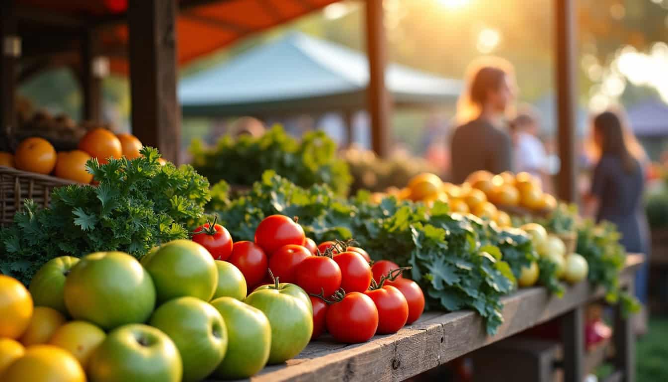 Balade au marché avec fruits et légumes frais, ambiance conviviale et colorée.