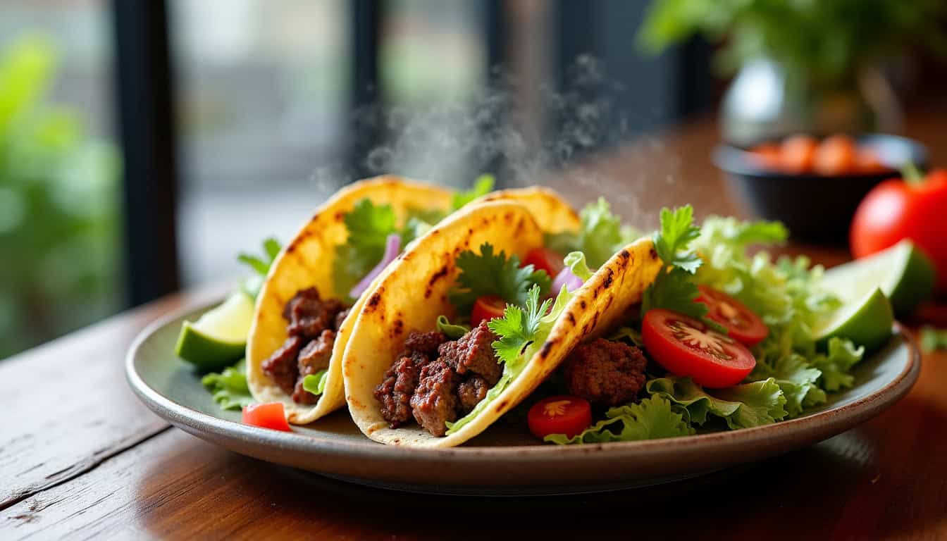 Tacos de viande épicée avec légumes frais, coriandre et tomates cerises. Parfait pour un repas savou.
