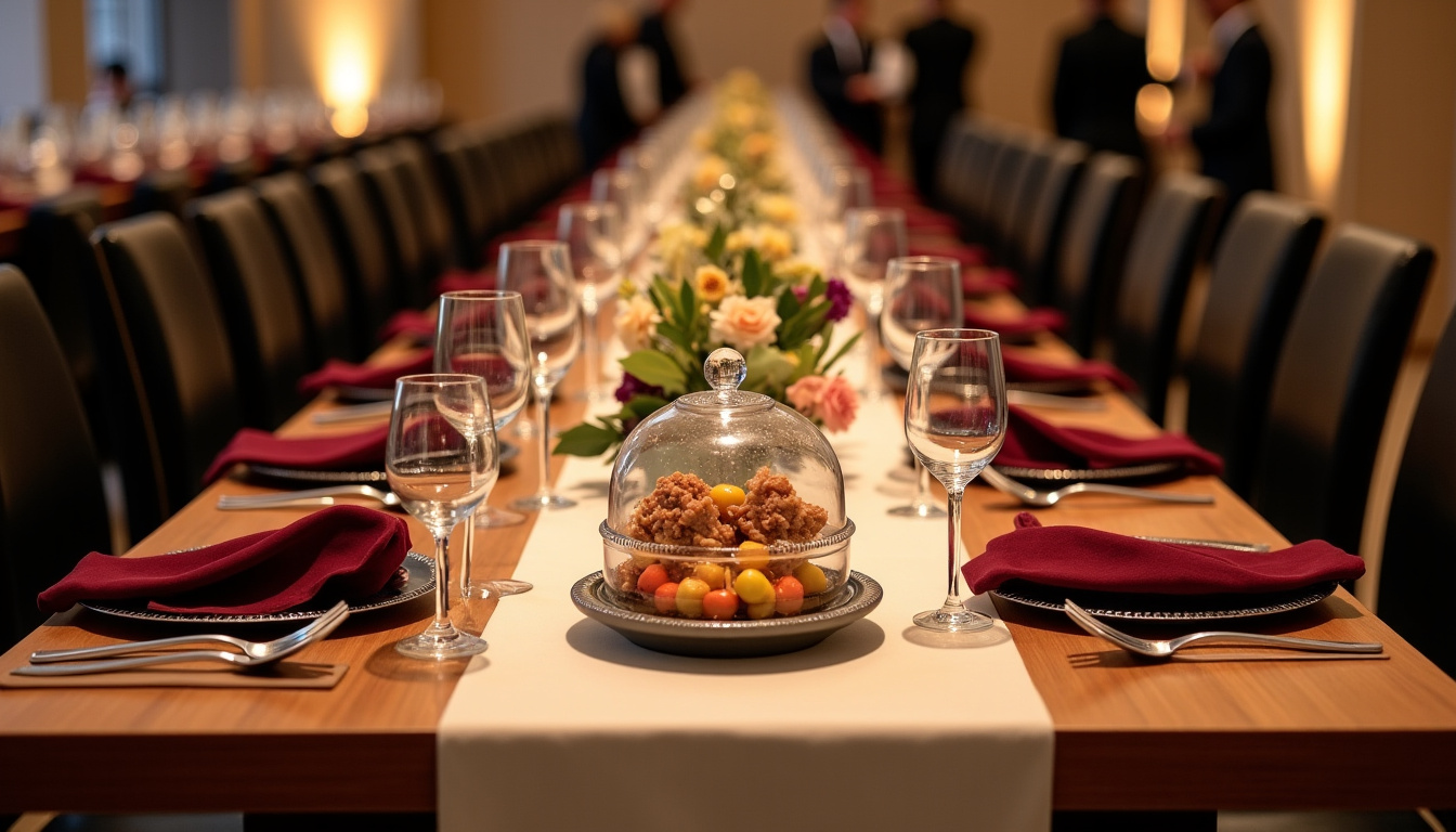 Service en salle d’un repas cacher organisé par un traiteur toulousain avec vaisselle et présentation adaptées