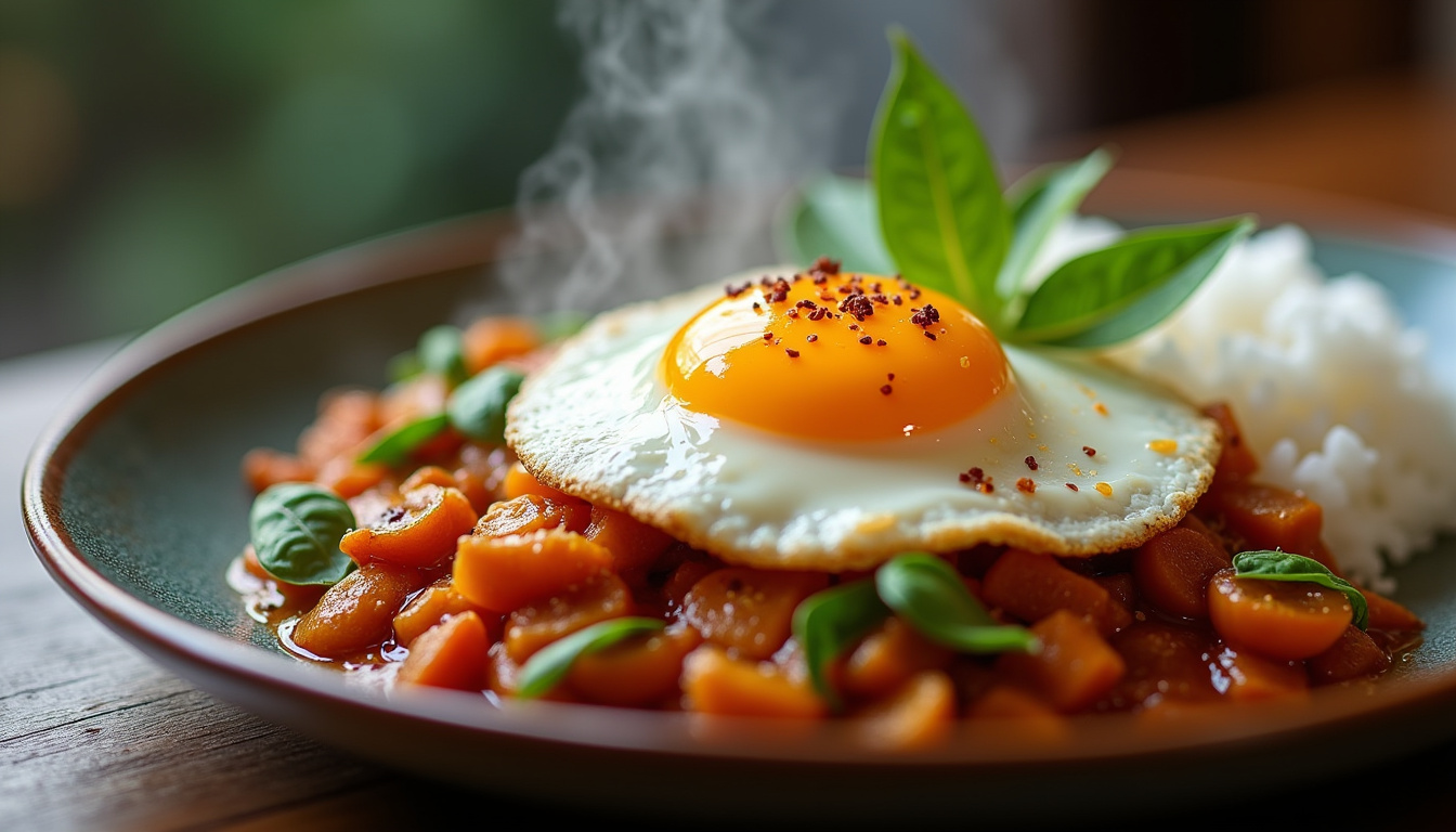 Assiette de Pad Krapow avec œuf au plat et riz blanc