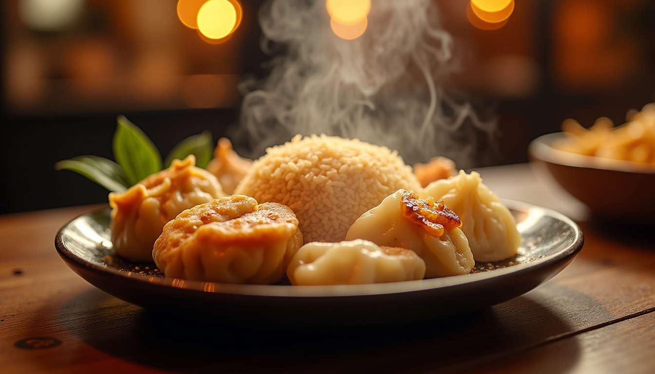 Assiette présentant divers plats chinois comme des raviolis, des nems et du riz cantonnais