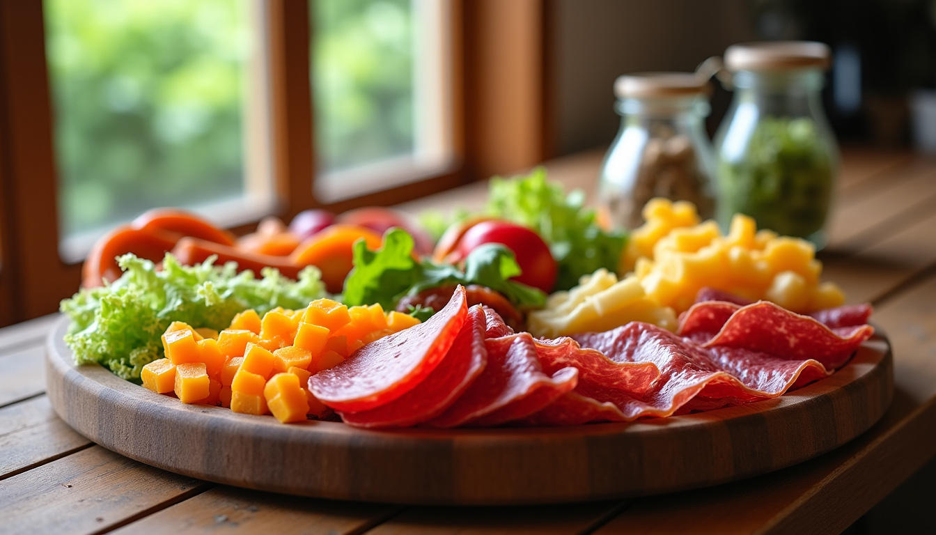 Assiette présentée avec divers mets du traiteur E.Leclerc, incluant charcuterie, fromages et salades composées