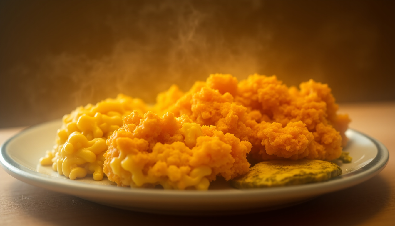 Assiette traditionnelle de soul food avec poulet frit, mac and cheese et légumes verts