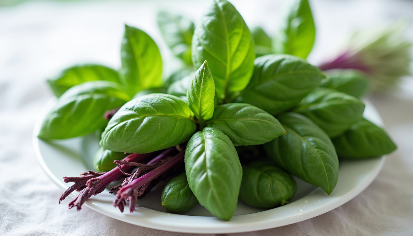 Bouquet de basilic thaï frais avec tiges violettes et feuilles étroites
