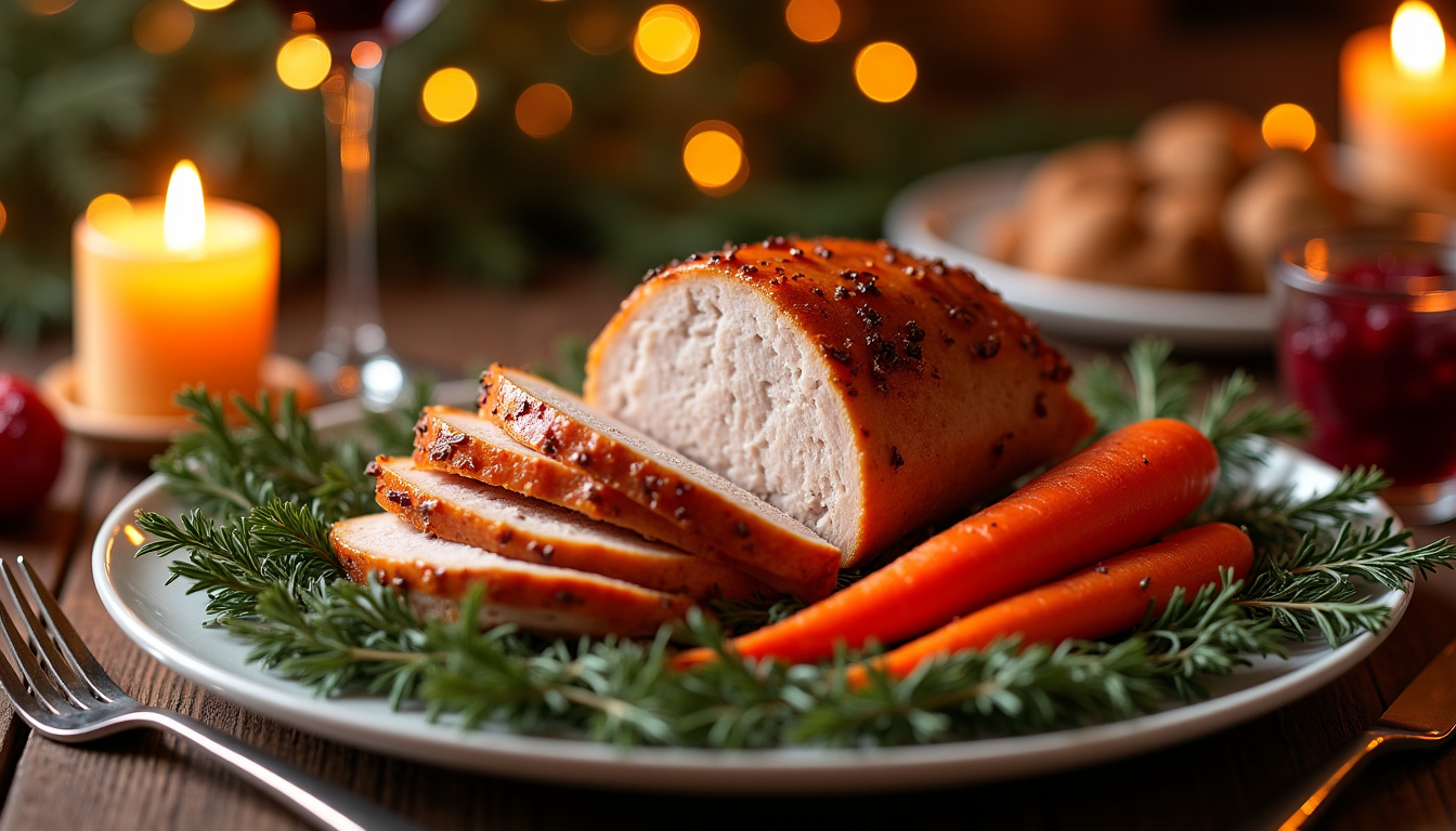 Chapon halal découpé et présenté sur une assiette avec des accompagnements festifs