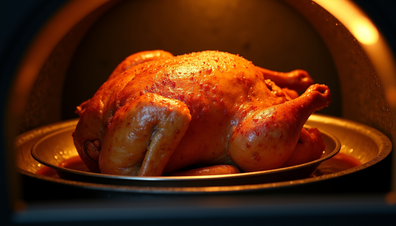 Chapon halal en train de cuire dans un four, avec une belle coloration dorée