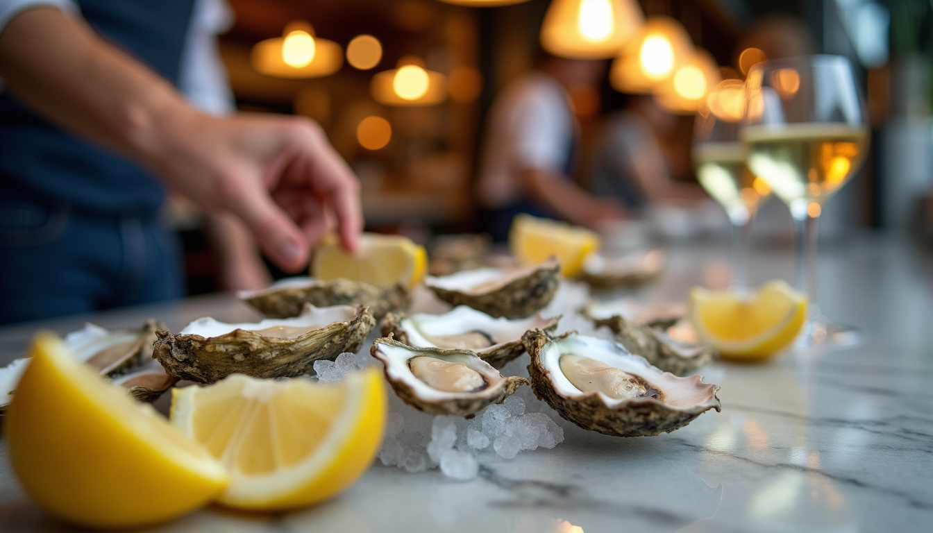 Client dégustant des huîtres au bar à huîtres avec verre de vin blanc