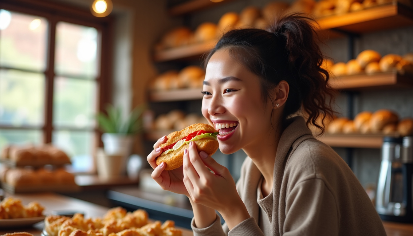 Client en train de déguster un sandwich à la boulangerie, souriant et satisfait