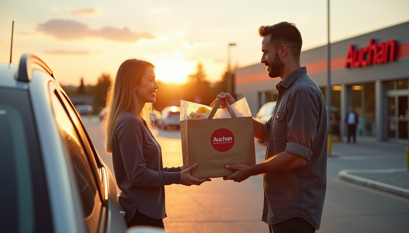 Client récupérant sa commande traiteur en drive Auchan