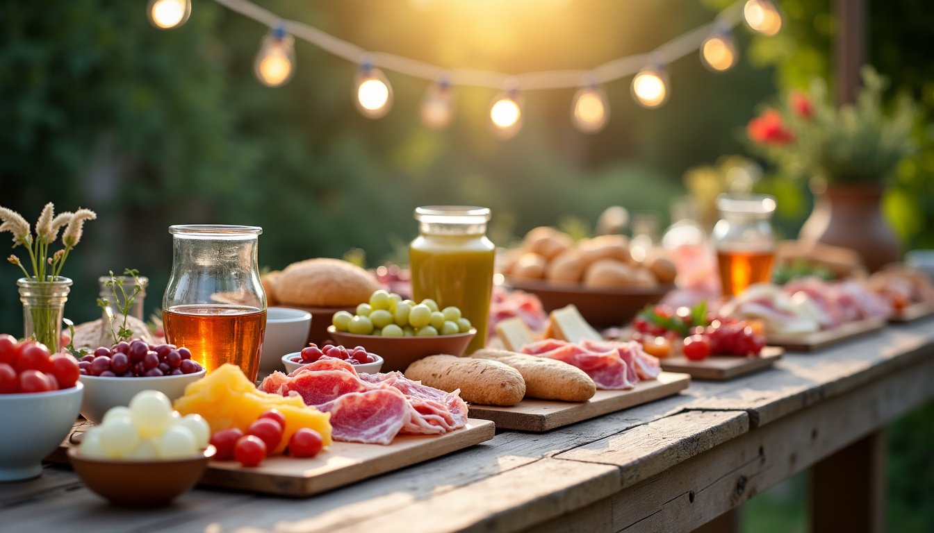 Composition d’un buffet froid E.Leclerc avec divers produits disposés sur une table