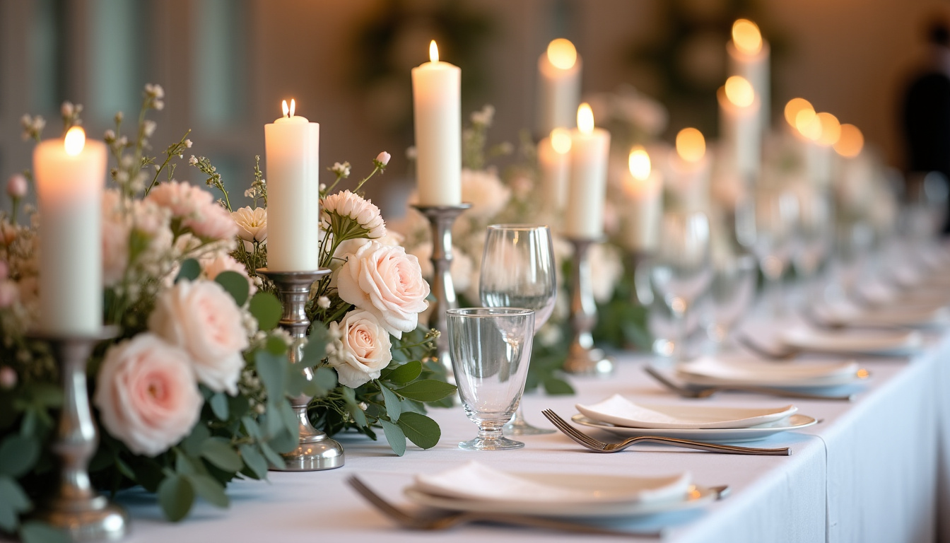 Décoration de table pour une cérémonie organisée par Rivka Organisation, avec nappes blanches, bougies, et centre de table floral