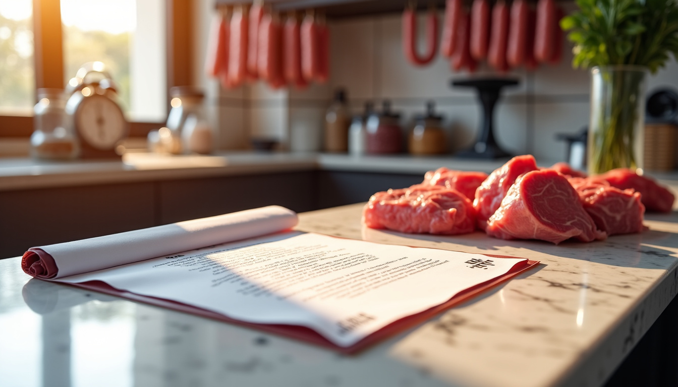 Document de certification halal posé sur un comptoir de boucherie