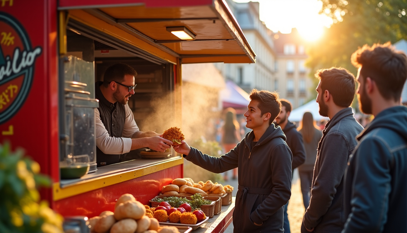 Food truck parisien spécialisé en soul food, en activité sur un marché de quartier