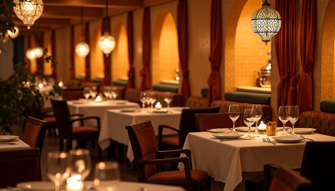 Intérieur du restaurant L’Arabesque à Toulon, ambiance feutrée avec décor oriental et tables dressées