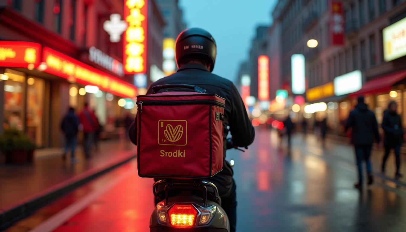 Livreur en cours de livraison pour un traiteur chinois en ville