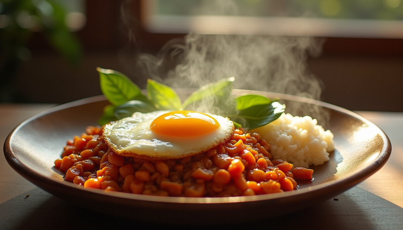 Plat de Pad Krapow terminé avec sauce luisante et œuf coulant