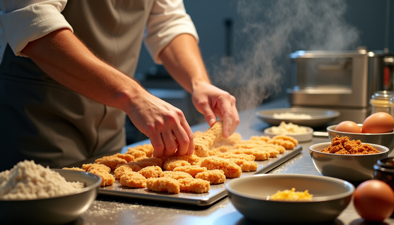 Préparation des tenders Pepe Chicken dans une cuisine professionnelle