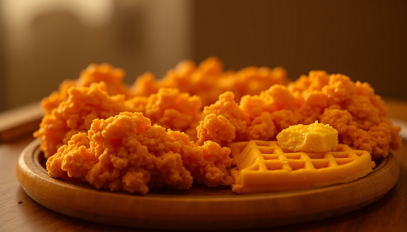 Présentation de plats emblématiques de la soul food: poulet frit, mac and cheese, cornbread et waffles