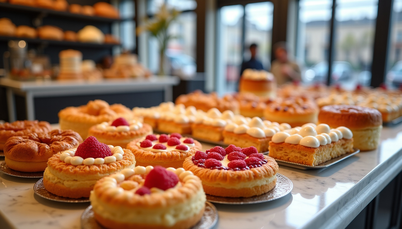 Présentation en boutique des spécialités de Charles Traiteur: pâtisseries, pièces montées et viennoiseries