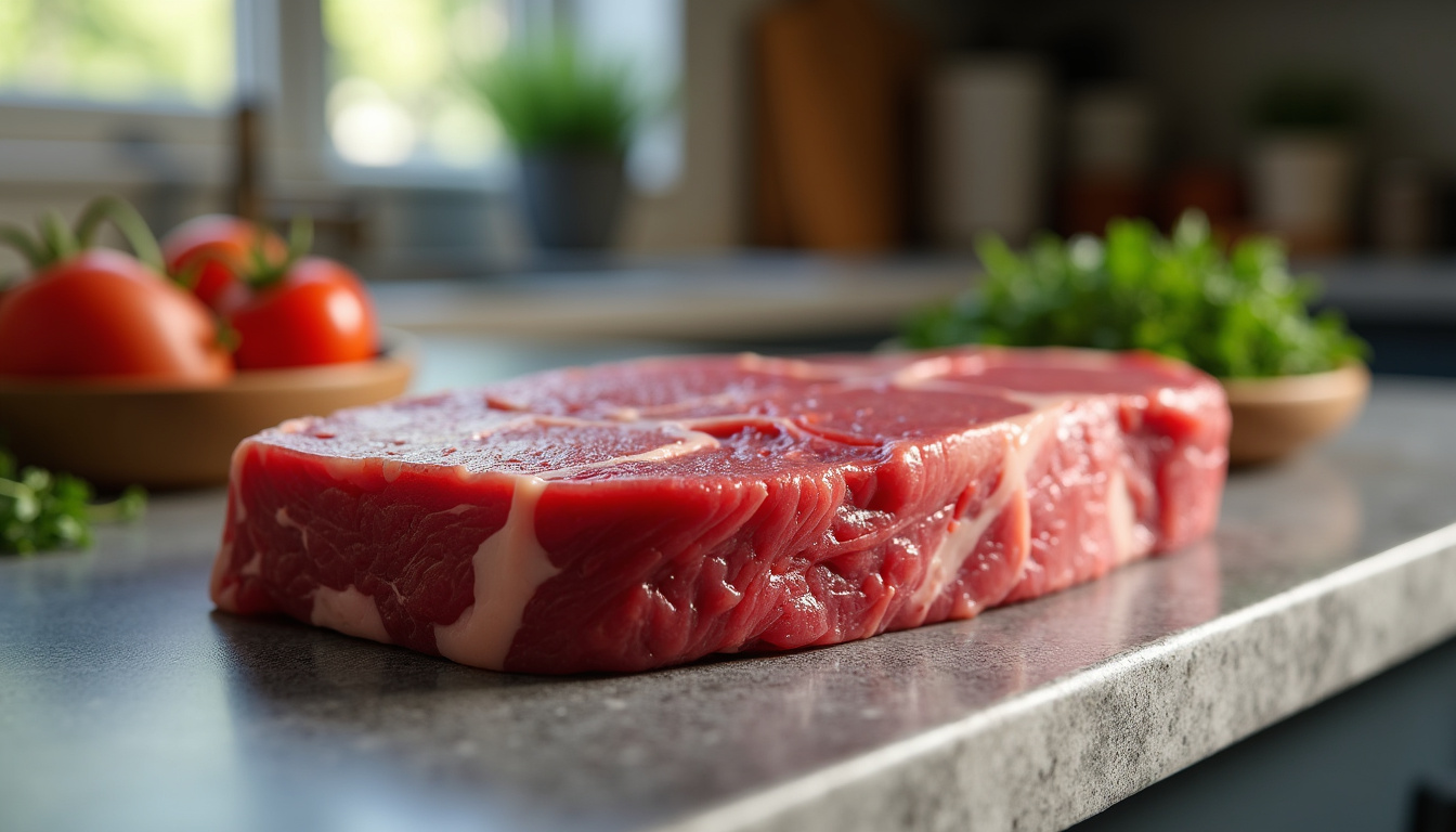 Steak halal cru sur plan de travail, mettant en évidence la texture et la couleur de la viande