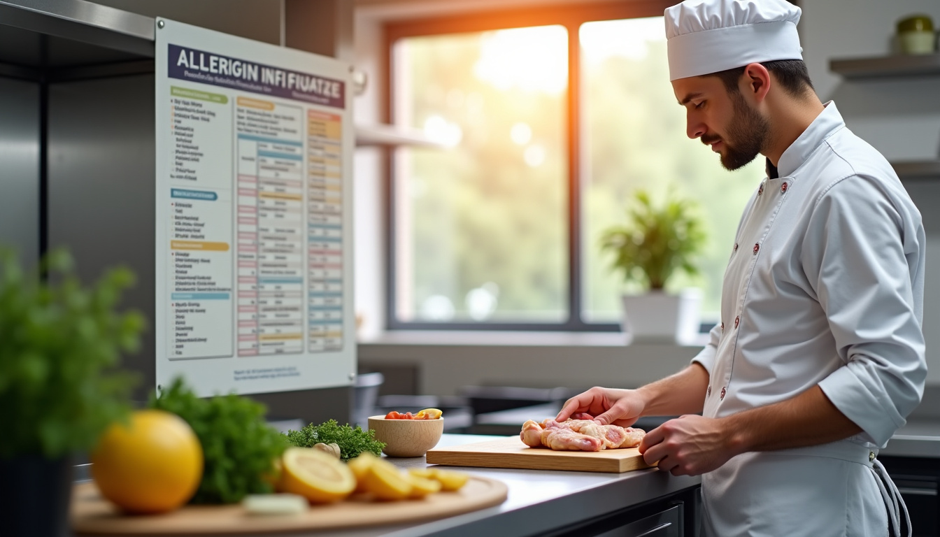 Tableau des allergènes affiché dans une cuisine Pepe Chicken