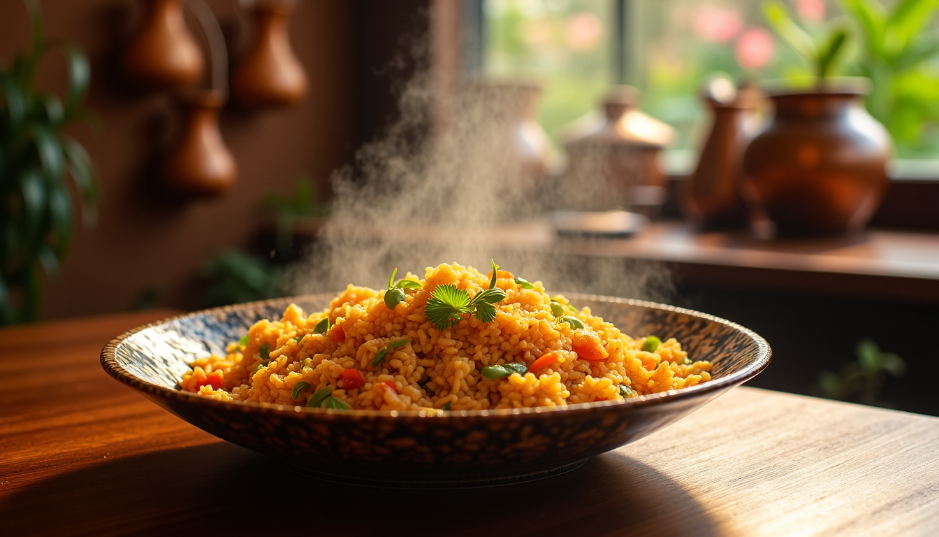 Un plat de riz sauté aux nouilles et aux légumes dans un restaurant indonésien, présenté dans une assiette en céramique décorative