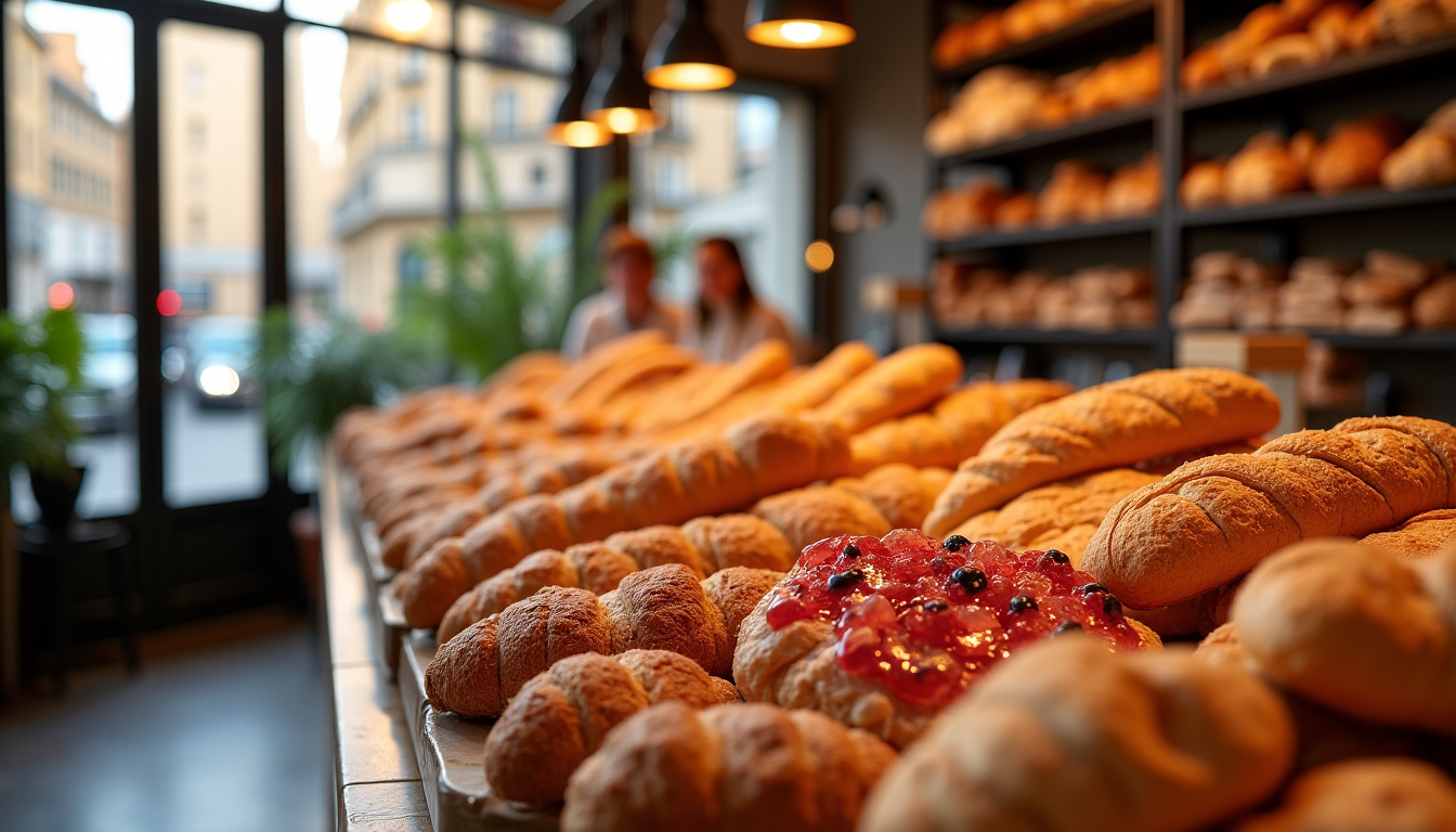 Vitrine de la boulangerie Maison Pochat avec pains, viennoiseries et pâtisseries artisanales disposés de manière soignée