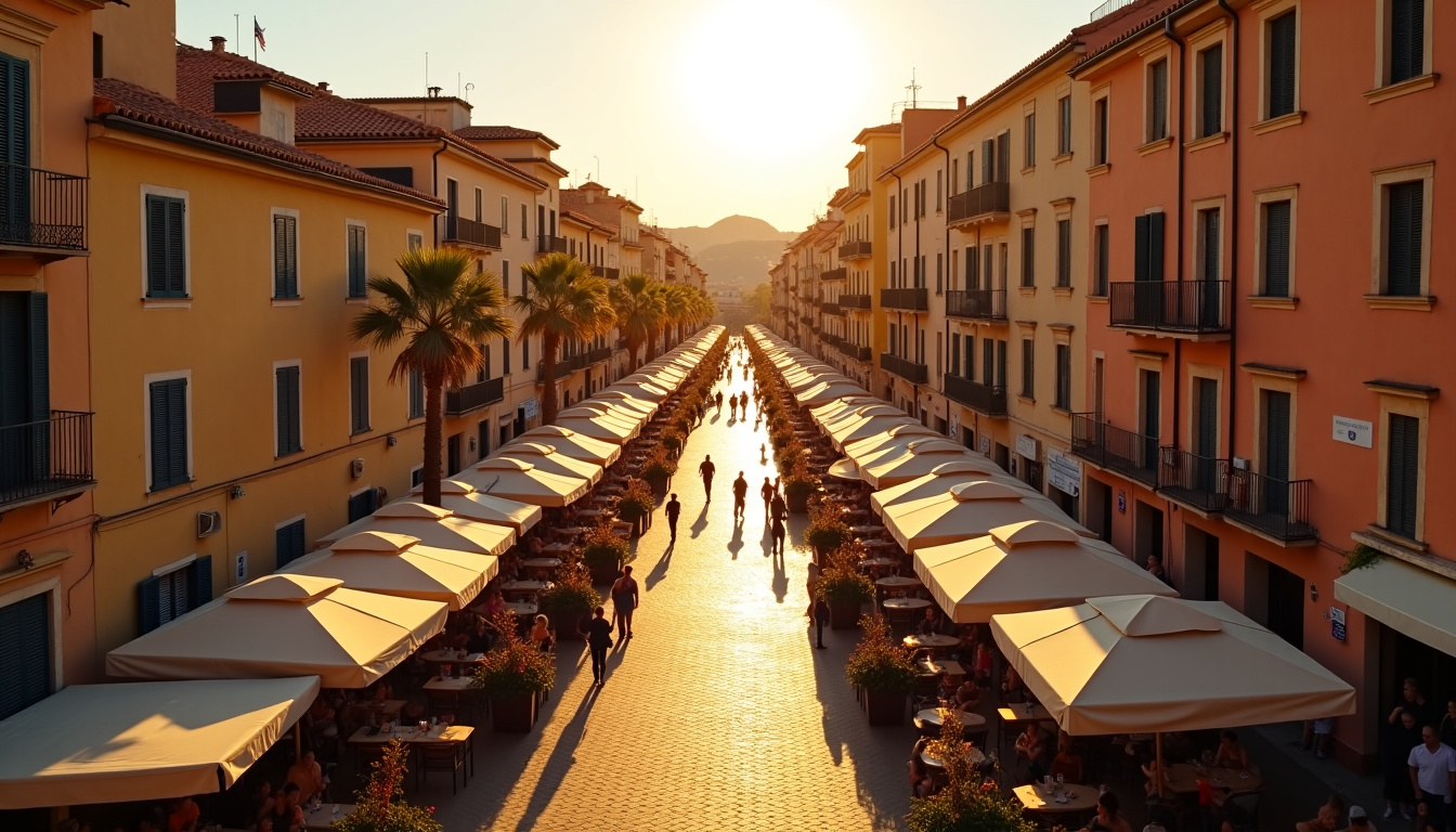 Vue aérienne du centre-ville de Toulon avec des restaurants visibles le long des rues principales
