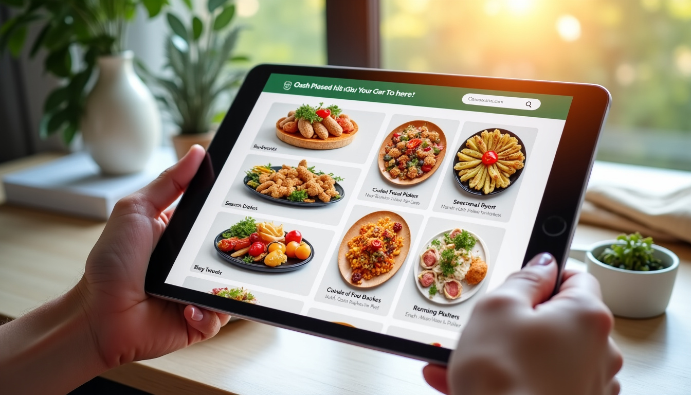 Vue d’un client en train de consulter le catalogue traiteur E.Leclerc en ligne sur tablette