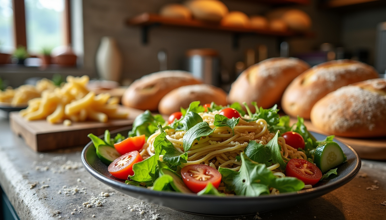 Assiette de salade fraîche, pâtes maison et sandwichs variés préparés sur place chez Frencci