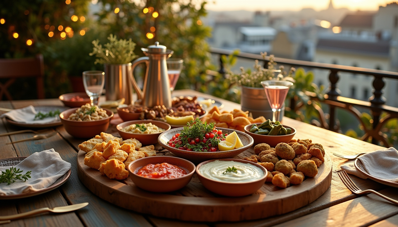 Assortiment de mezzés libanais préparés par Noura Traiteur sur une table décorée