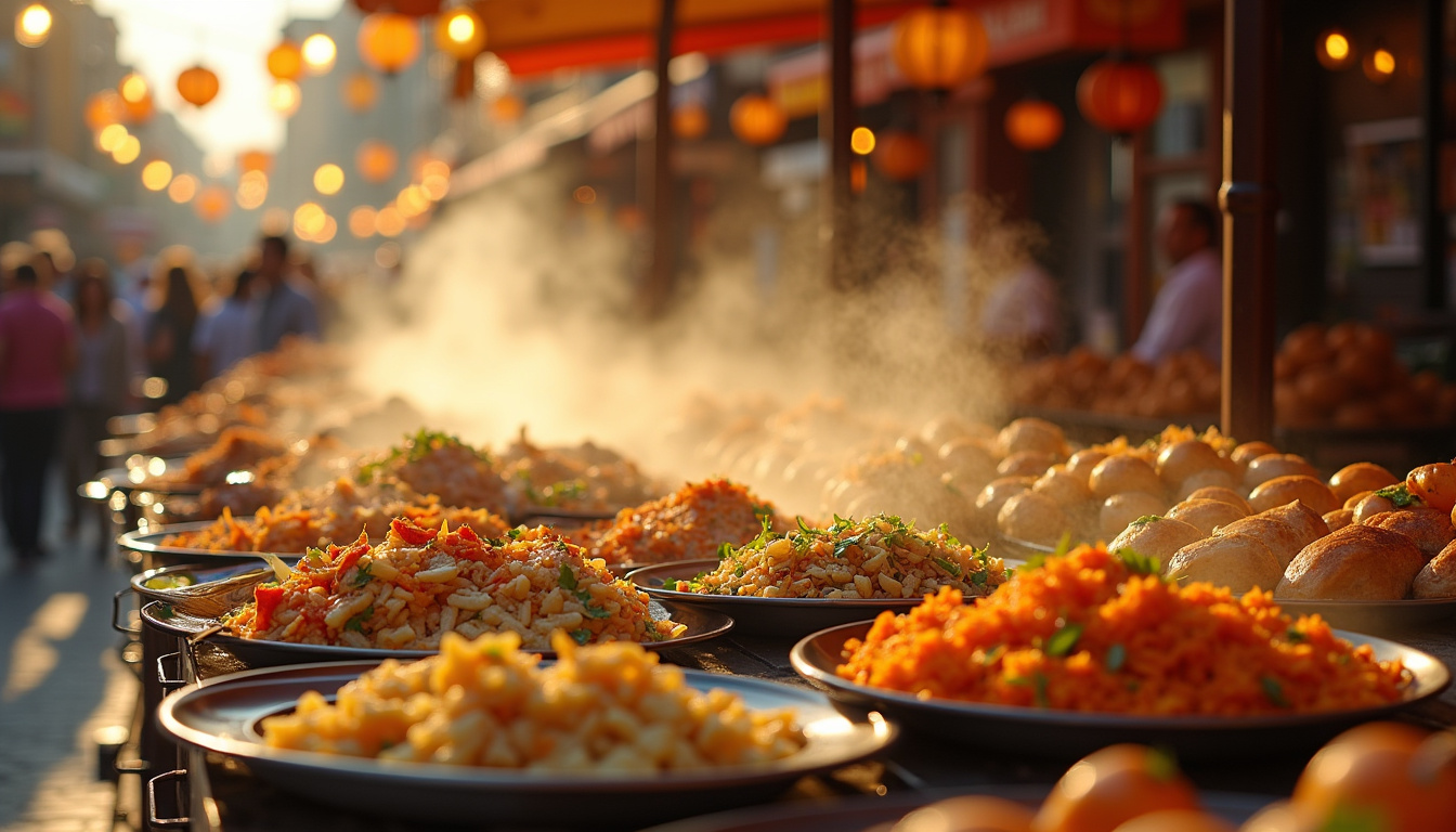 Assortiment de plats de street food du monde entier présentés sur un marché extérieur
