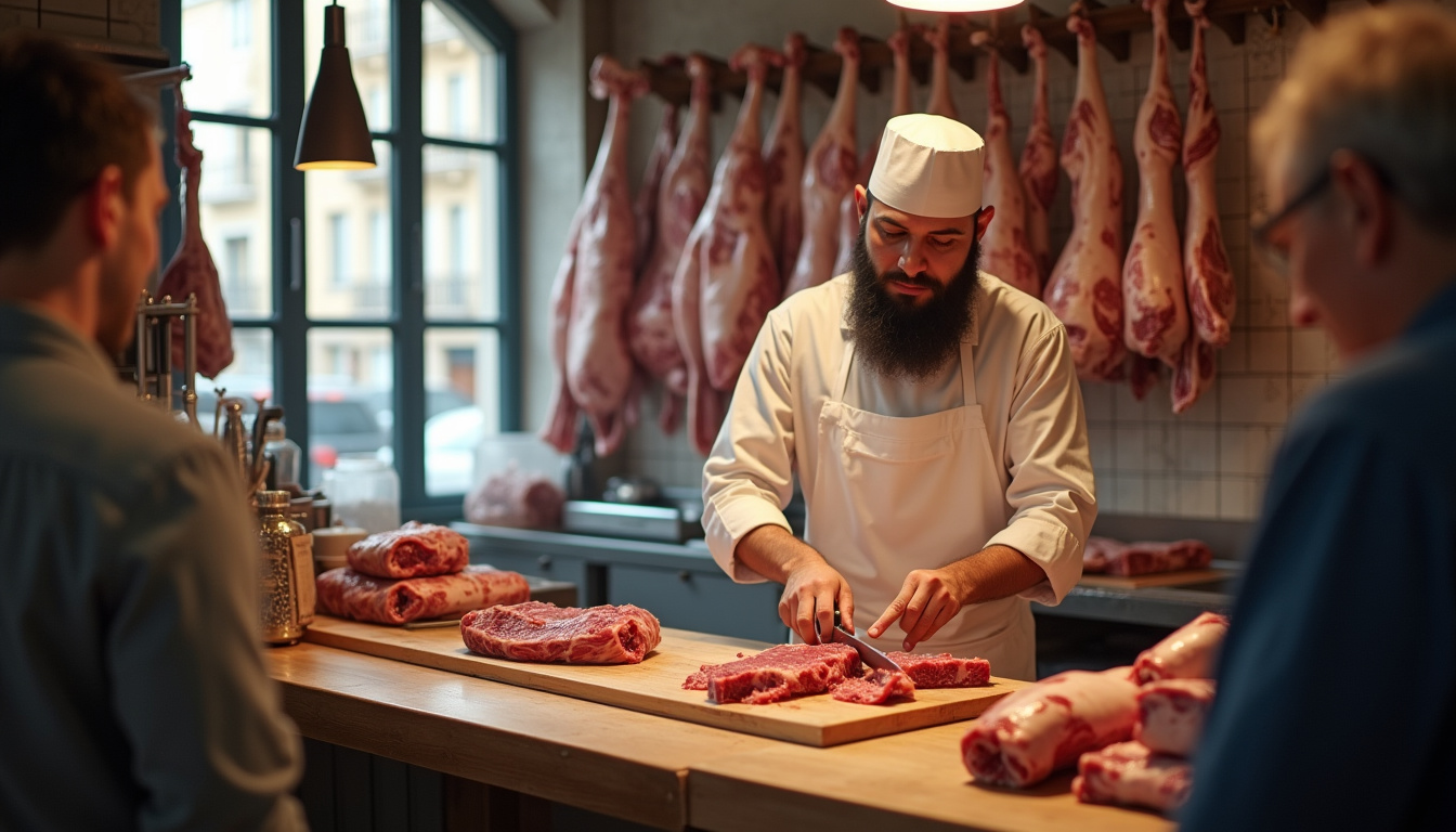 Boucher en train de découper une pièce de viande dans la boucherie halal de Harissa à Toulouse