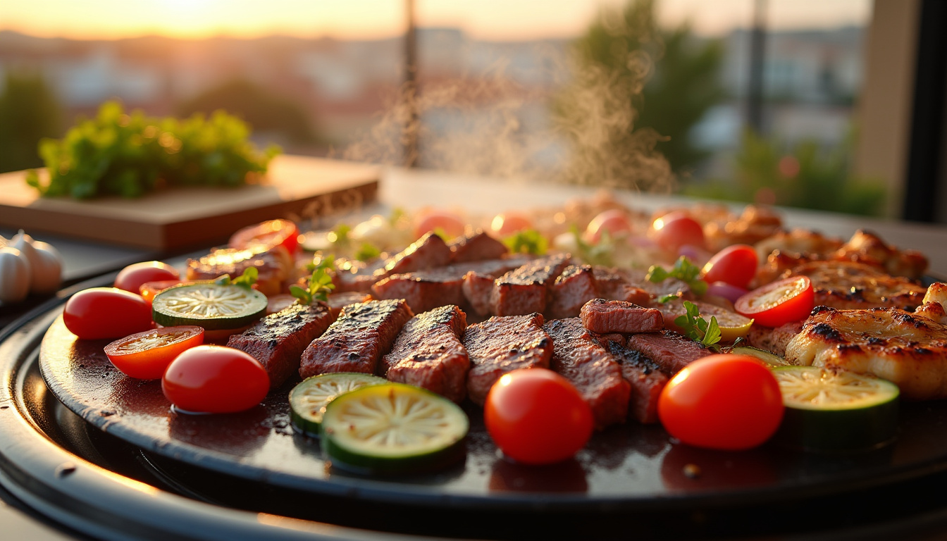 Cuisson de viande halal sur une plancha avec légumes colorés