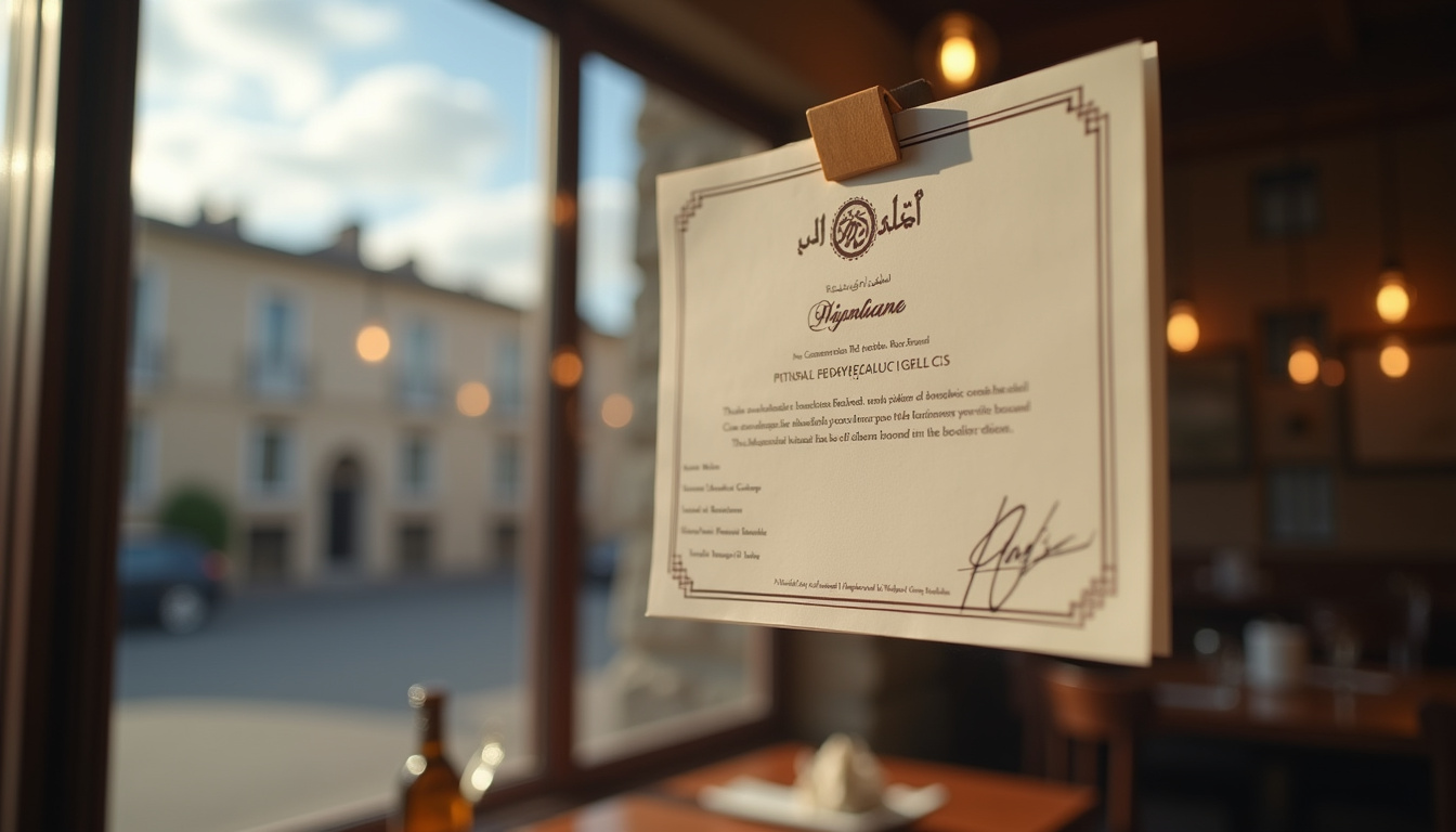 Document de certification halal affiché dans un restaurant à Clermont-Ferrand