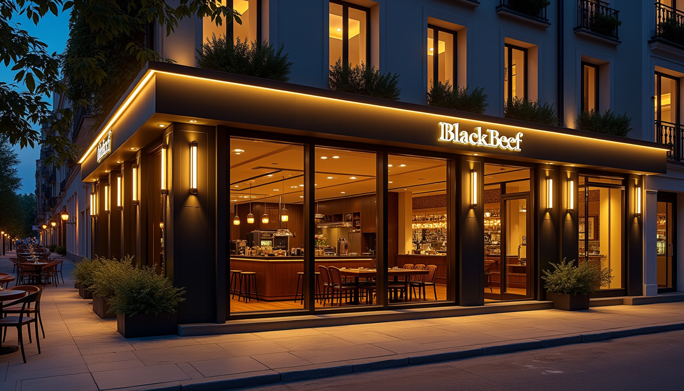 Façade extérieure du restaurant BlackBeef à Montpellier, ambiance chic et lumineuse en soirée