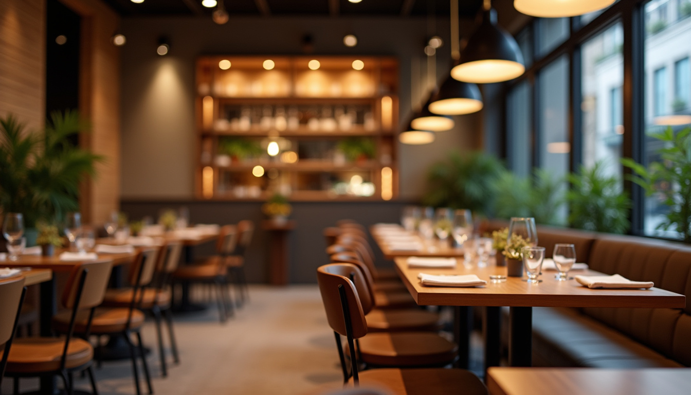 Intérieur du restaurant Caravana à La Défense, ambiance moderne avec tables en bois et éclairage tamisé