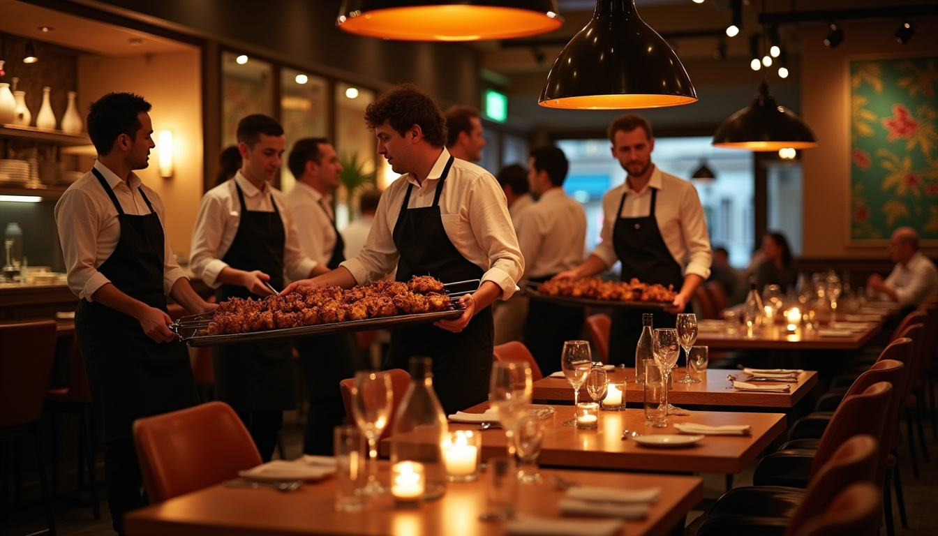 Intérieur du restaurant Rodizio Brazil à Grenoble, ambiance chaleureuse avec serveurs passant avec des brochettes de viande